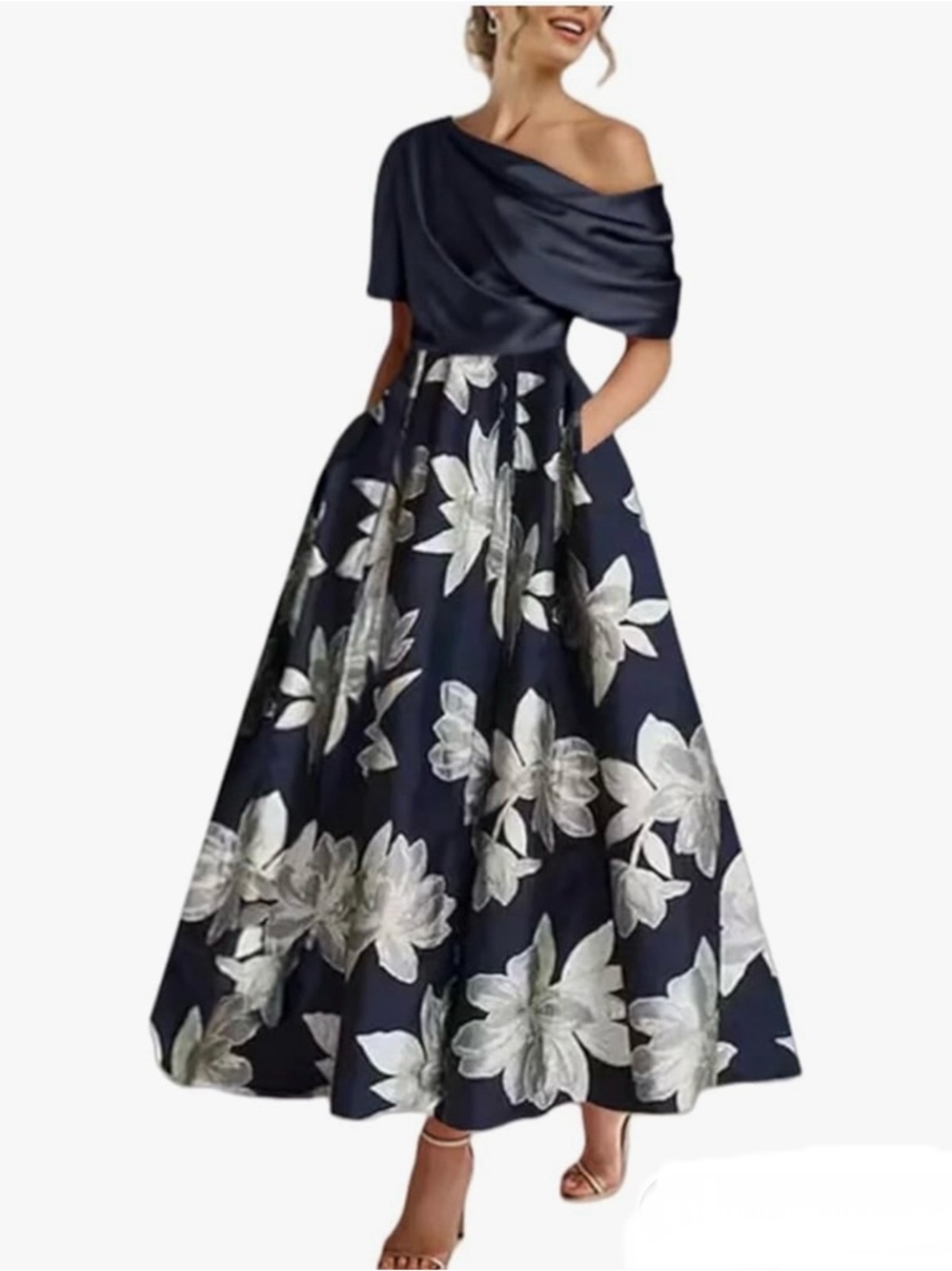 Elegant Navy Floral Off-Shoulder A-Line Dress